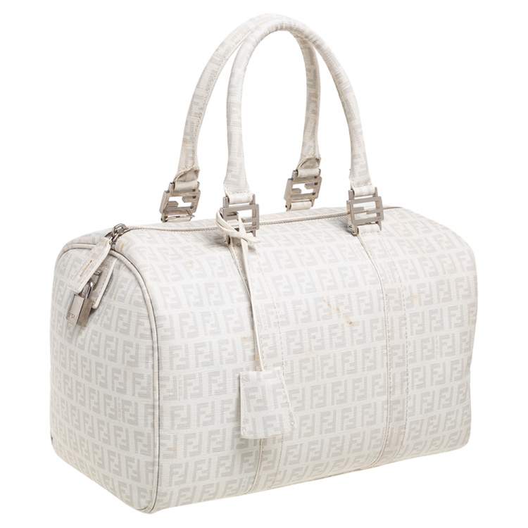 Pre Owned Fendi White Zucchino Coated Canvas Forever Bauletto Boston Bag