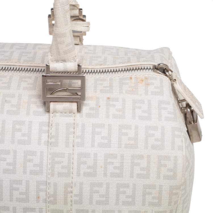 Pre Owned Fendi White Zucchino Coated Canvas Forever Bauletto Boston Bag