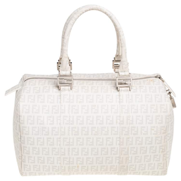 Pre Owned Fendi White Zucchino Coated Canvas Forever Bauletto Boston Bag