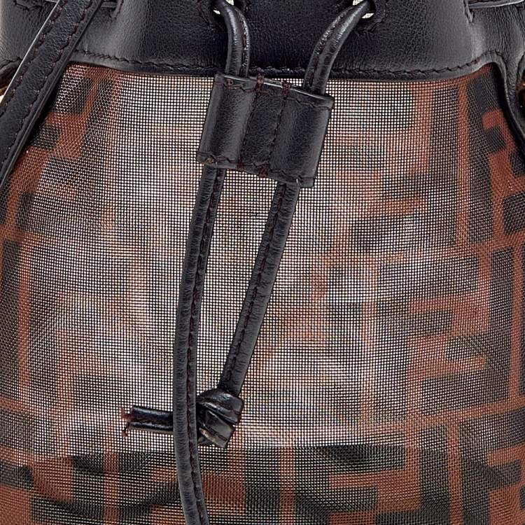 Pre Owned Fendi Brown Zucca Mesh and Leather Mini Mon Tresor Drawstring Bucket Bag 