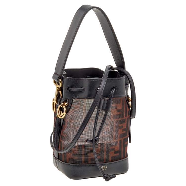 Pre Owned Fendi Brown Zucca Mesh and Leather Mini Mon Tresor Drawstring Bucket Bag 