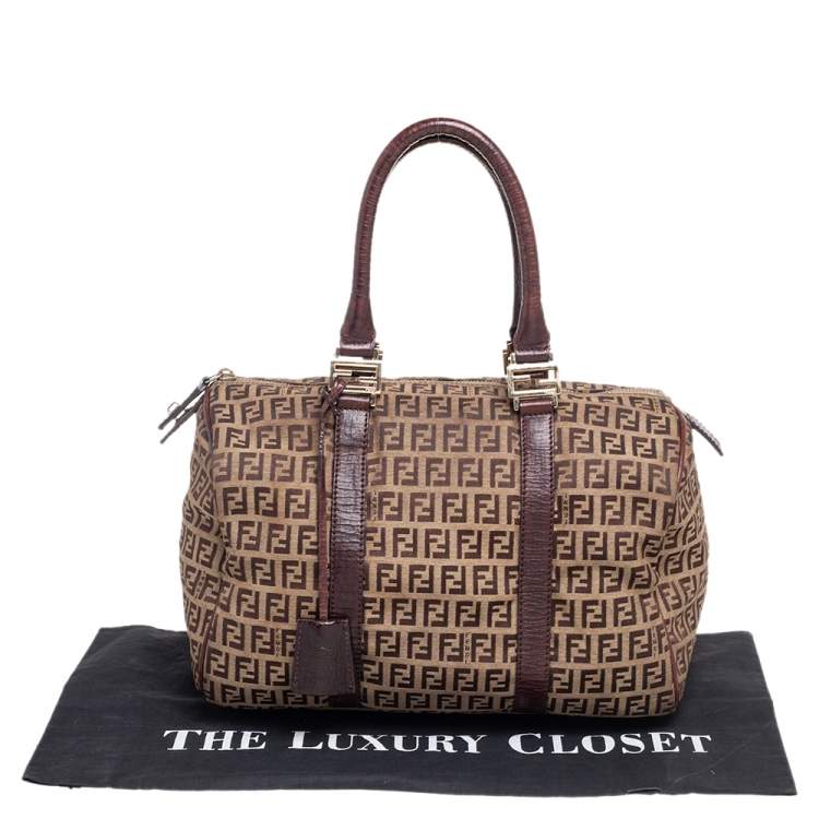 Pre Owned Fendi Brown/Beige Zucchino Canvas And Leather Bauletto Duffel Bag