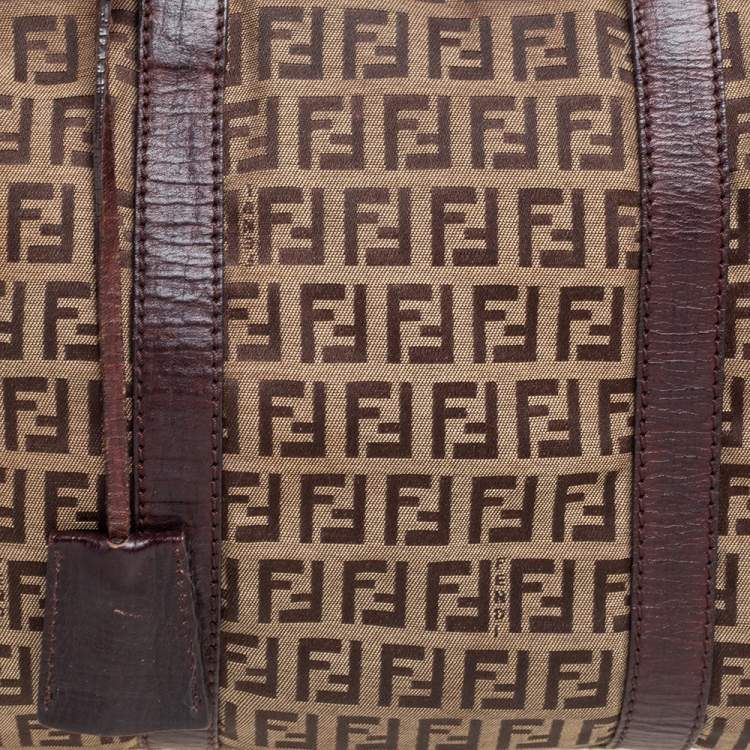 Pre Owned Fendi Brown/Beige Zucchino Canvas And Leather Bauletto Duffel Bag