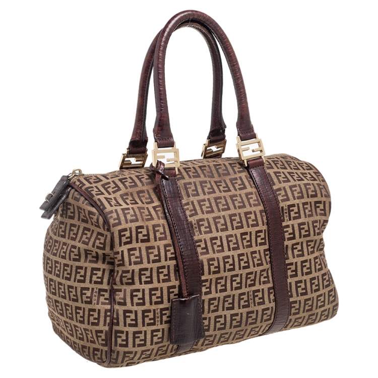 Pre Owned Fendi Brown/Beige Zucchino Canvas And Leather Bauletto Duffel Bag
