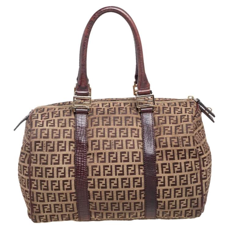 Pre Owned Fendi Brown/Beige Zucchino Canvas And Leather Bauletto Duffel Bag