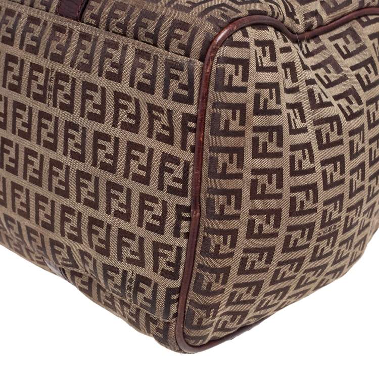 Pre Owned Fendi Brown/Beige Zucchino Canvas And Leather Bauletto Duffel Bag