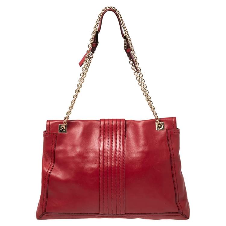 Pre Owned Fendi Red Leather Maxi Baguette Flap Shoulder Bag