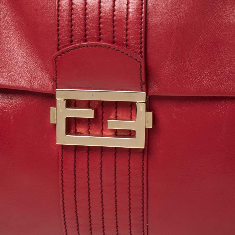 Pre Owned Fendi Red Leather Maxi Baguette Flap Shoulder Bag