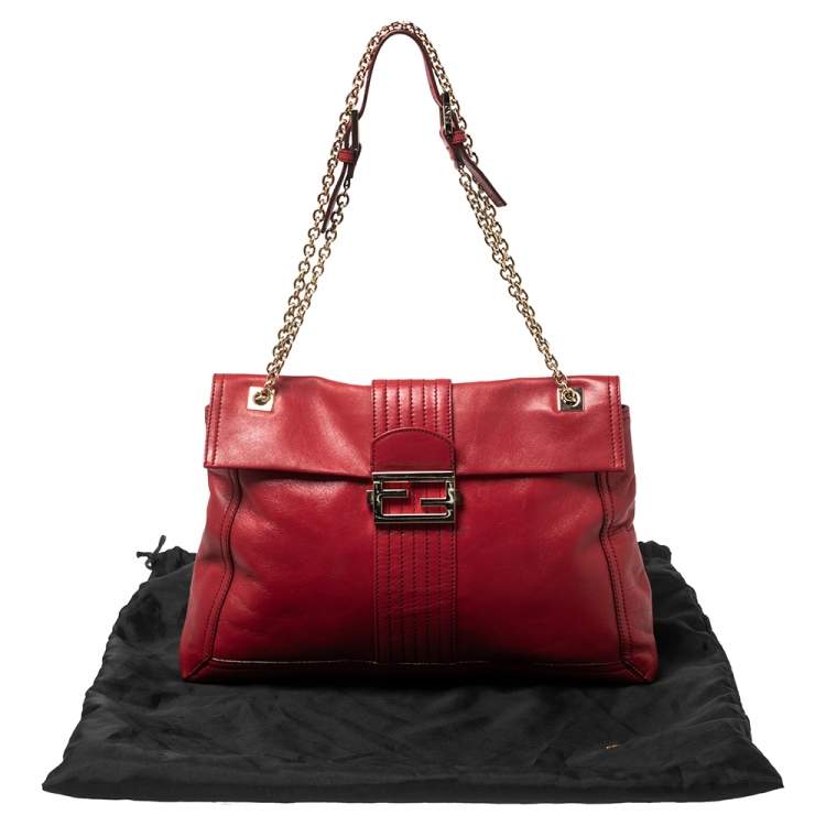 Pre Owned Fendi Red Leather Maxi Baguette Flap Shoulder Bag