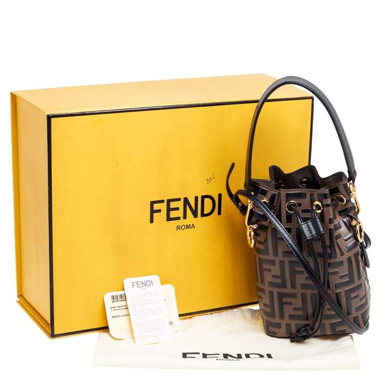 Pre Owned Fendi Brown/Black Zucca Leather Mini Mon Tresor Drawstring Bucket Bag
