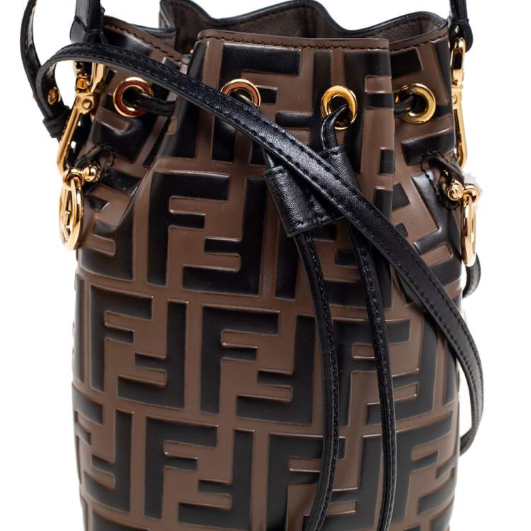 Pre Owned Fendi Brown/Black Zucca Leather Mini Mon Tresor Drawstring Bucket Bag