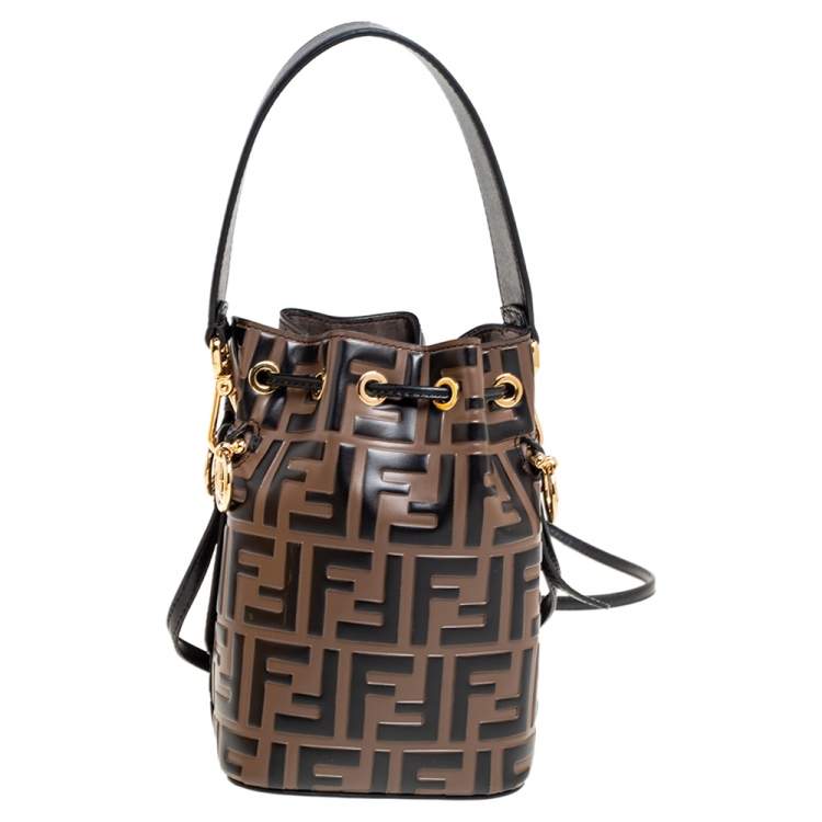 Pre Owned Fendi Brown/Black Zucca Leather Mini Mon Tresor Drawstring Bucket Bag