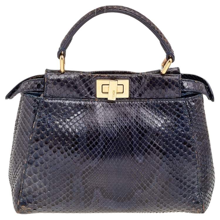 Pre Owned Fendi Navy Blue/Black Python Leather Mini Peekaboo Bag 