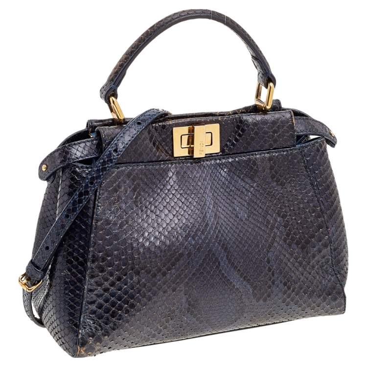 Pre Owned Fendi Navy Blue/Black Python Leather Mini Peekaboo Bag 