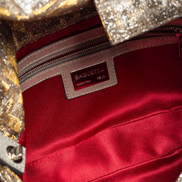Pre Owned Fendi Silver/Gold FF Lurex Baguette Bag