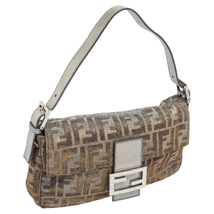 Pre Owned Fendi Silver/Gold FF Lurex Baguette Bag