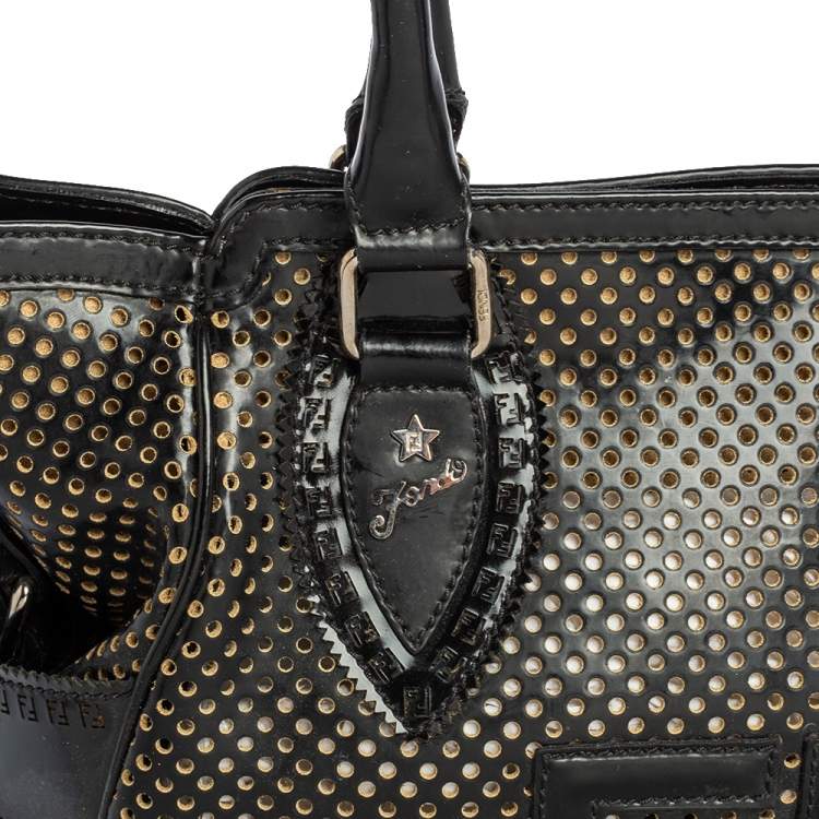 Pre Owned Fendi Black Perforated Patent and Leather Du Jour Tote
