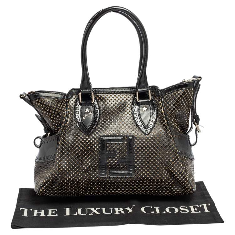 Pre Owned Fendi Black Perforated Patent and Leather Du Jour Tote