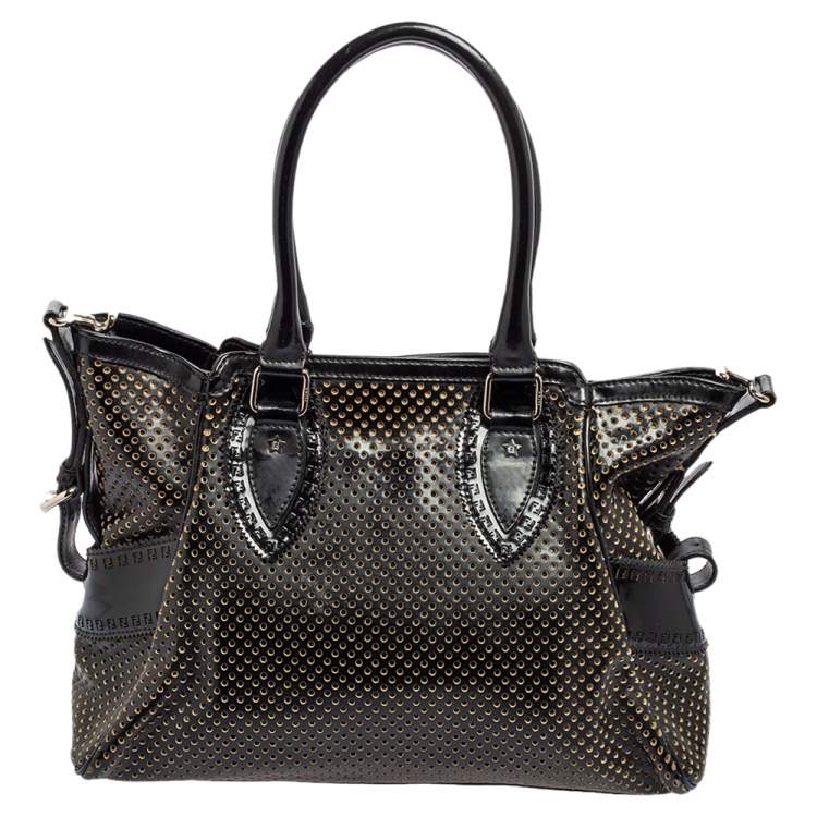 Pre Owned Fendi Black Perforated Patent and Leather Du Jour Tote