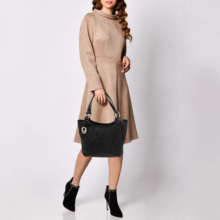Pre Owned Fendi Black Zucca Canvas and Leather Chef Shopper Tote