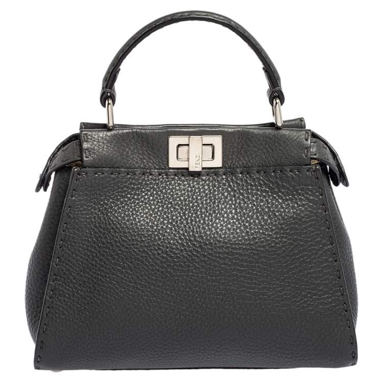 Pre Owned Fendi Black Leather Mini Peekaboo Top Handle Bag