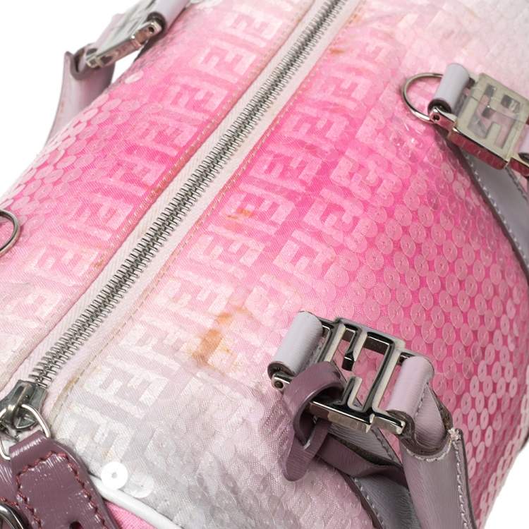 Pre Owned Fendi Ombre Pink Zucchino Fabric, Leather and Sequins Forever Bauletto Boston Bag