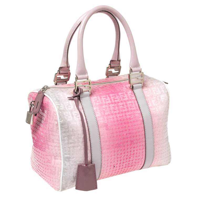 Pre Owned Fendi Ombre Pink Zucchino Fabric, Leather and Sequins Forever Bauletto Boston Bag