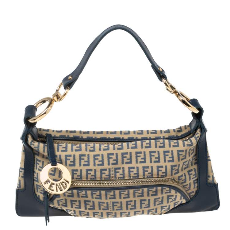 Pre Owned Fendi Navy Blue Zucchino Canvas and Leather Small Chef Bag 