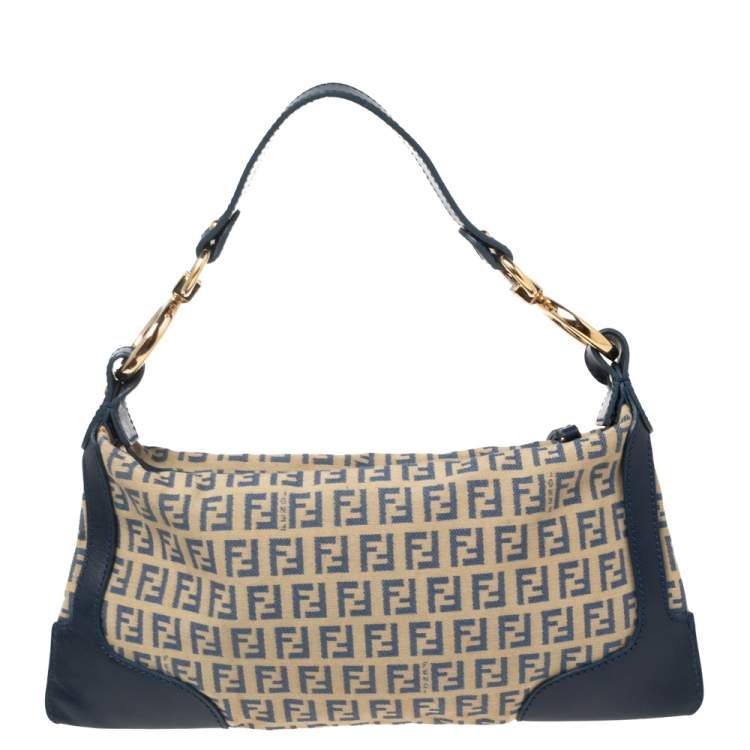 Pre Owned Fendi Navy Blue Zucchino Canvas and Leather Small Chef Bag 