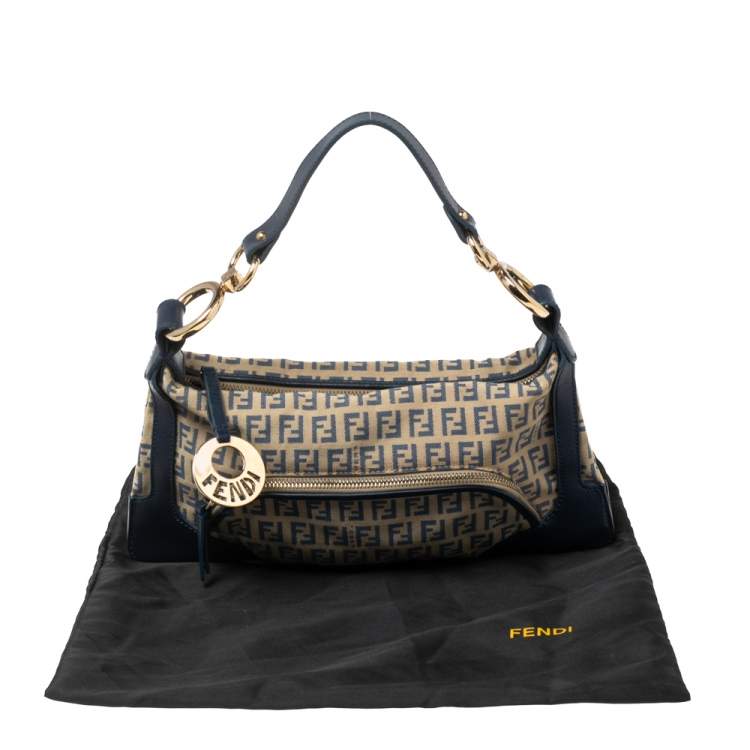 Pre Owned Fendi Navy Blue Zucchino Canvas and Leather Small Chef Bag 