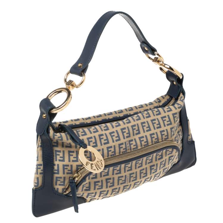 Pre Owned Fendi Navy Blue Zucchino Canvas and Leather Small Chef Bag 