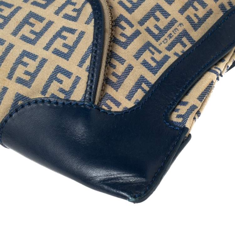 Pre Owned Fendi Navy Blue Zucchino Canvas and Leather Small Chef Bag 