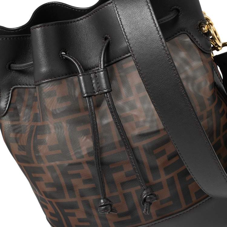 Pre Owned Fendi Brown Zucca Mesh And Leather Mon Tresor Grande Bucket Bag