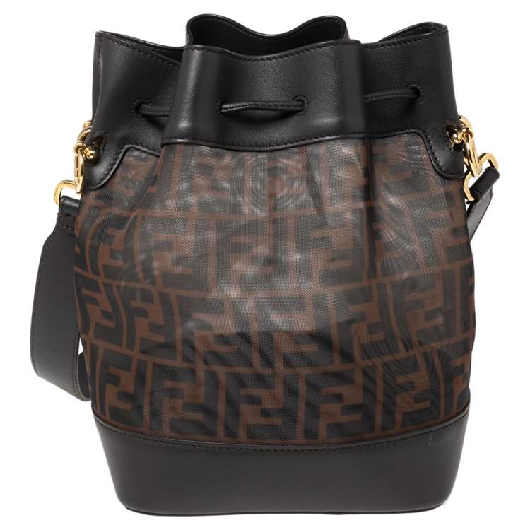 Pre Owned Fendi Brown Zucca Mesh And Leather Mon Tresor Grande Bucket Bag