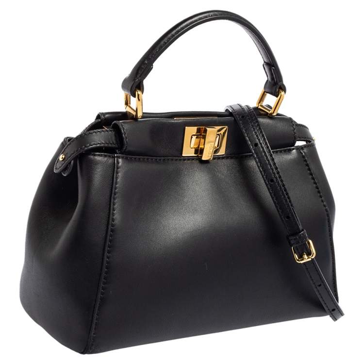 Pre Owned Fendi Black Leather Mini Peekaboo Top Handle Bag