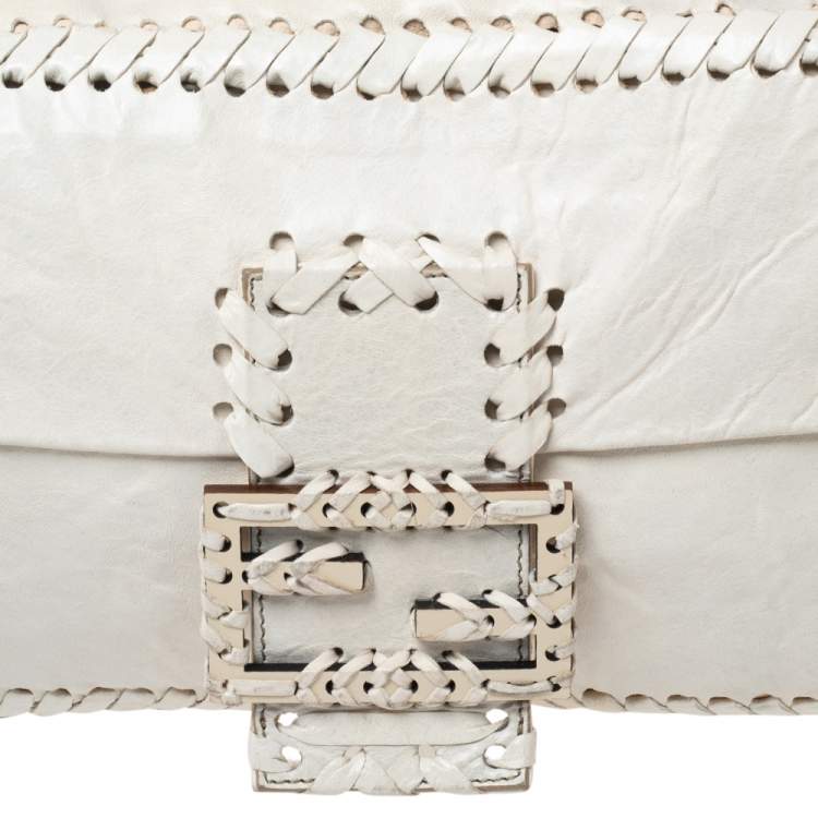 Pre Owned Fendi White Soft Leather Giant Baguette Whipstitch Shoulder Bag
