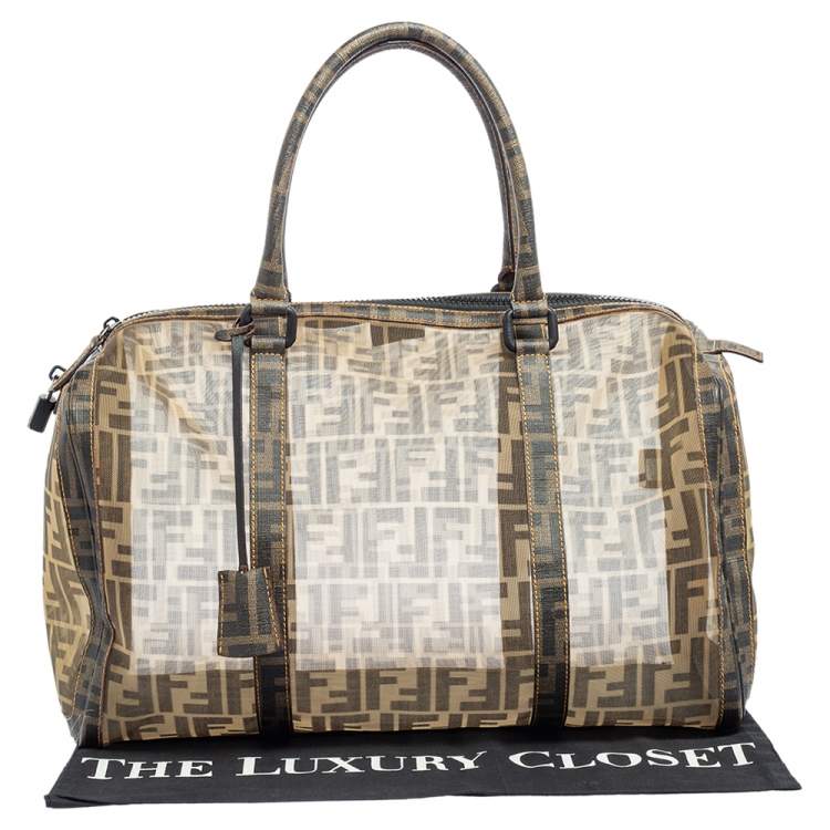 Pre Owned Fendi Tobacco Zucca Mesh and Coated Canvas Boston Duffel Bag