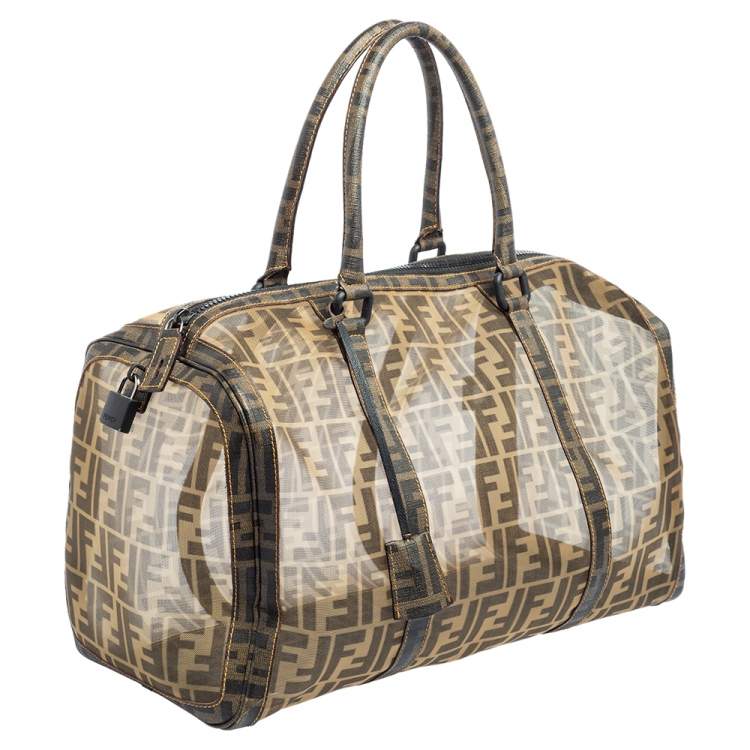 Pre Owned Fendi Tobacco Zucca Mesh and Coated Canvas Boston Duffel Bag