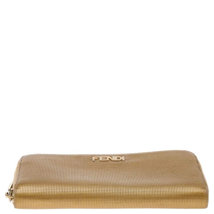Pre Owned Fendi Gold Embossed Leather Zip Around Wallet