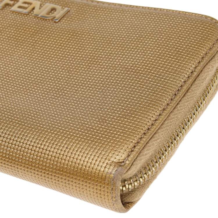 Pre Owned Fendi Gold Embossed Leather Zip Around Wallet