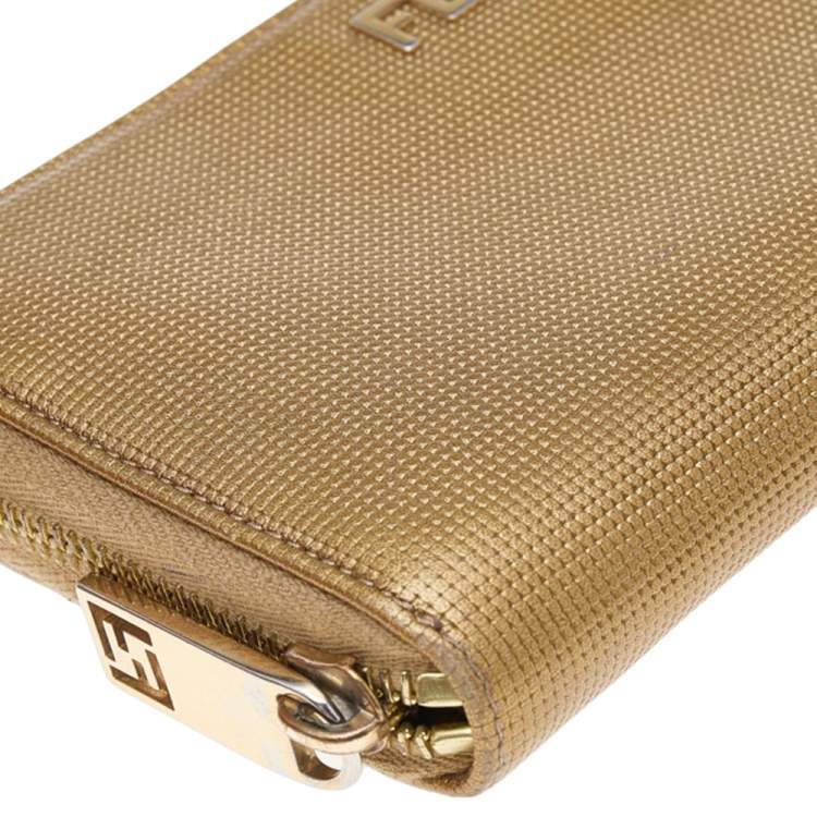 Pre Owned Fendi Gold Embossed Leather Zip Around Wallet