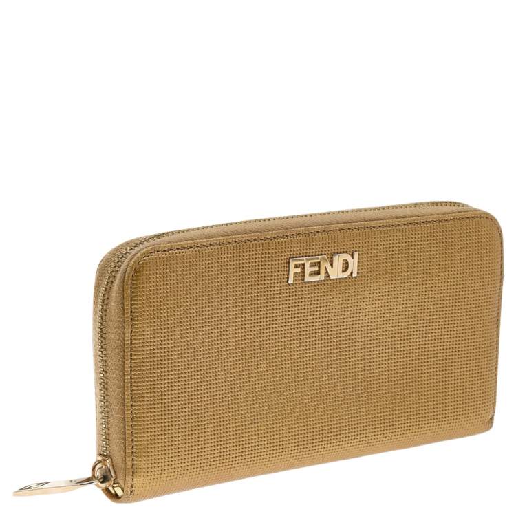 Pre Owned Fendi Gold Embossed Leather Zip Around Wallet