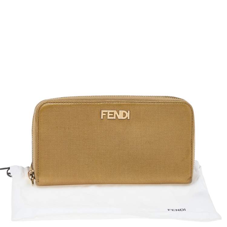 Pre Owned Fendi Gold Embossed Leather Zip Around Wallet