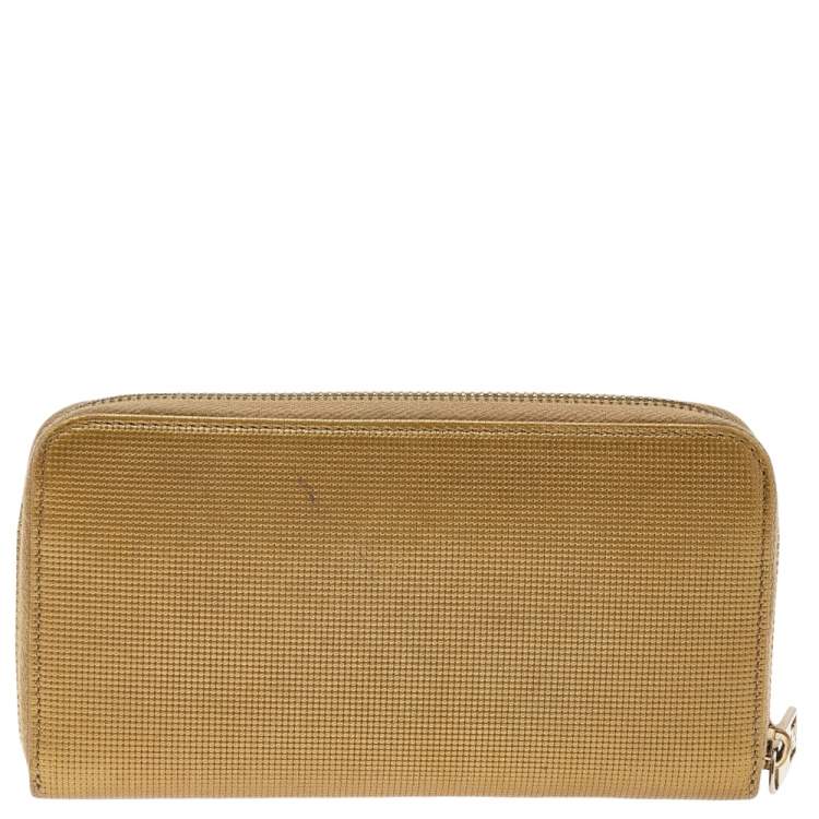 Pre Owned Fendi Gold Embossed Leather Zip Around Wallet
