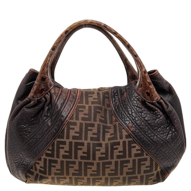 Pre Owned Fendi Tobacco Zucca Canvas And Leather Spy Hobo