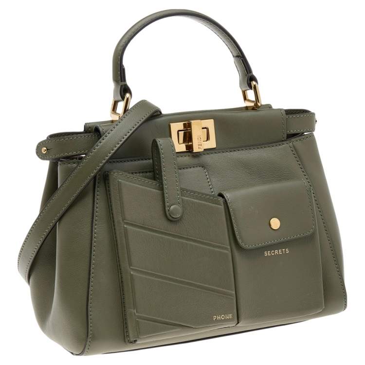 Pre Owned Fendi Green Leather Peekaboo Top Handle Bag