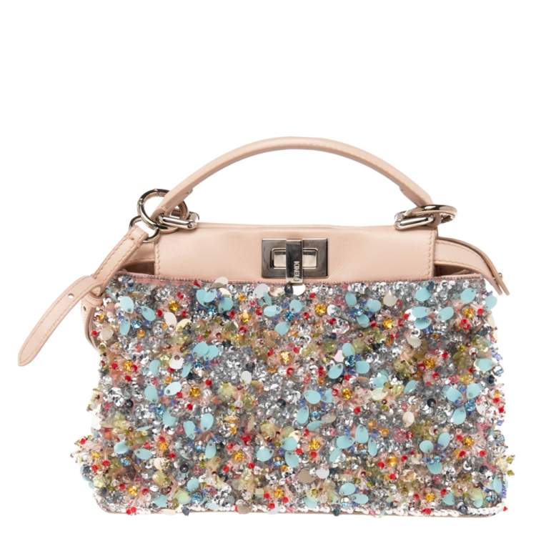 Pre Owned Fendi Beige Leather Sequin Embellished Mini Peekaboo Top Handle Bag