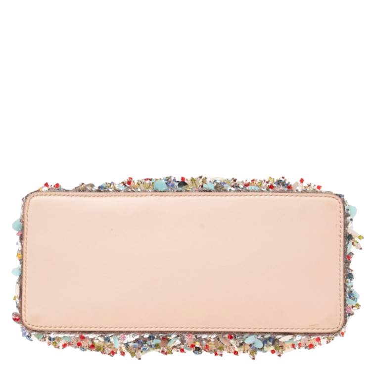 Pre Owned Fendi Beige Leather Sequin Embellished Mini Peekaboo Top Handle Bag