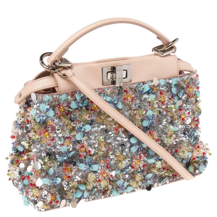 Pre Owned Fendi Beige Leather Sequin Embellished Mini Peekaboo Top Handle Bag