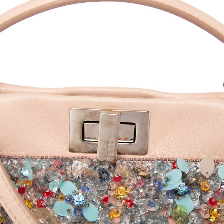 Pre Owned Fendi Beige Leather Sequin Embellished Mini Peekaboo Top Handle Bag